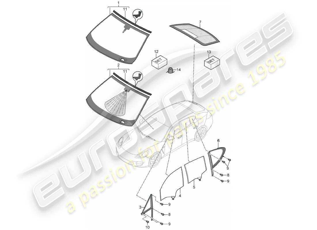porsche 2014 (panamera 970) vetri della finestra diagramma delle parti