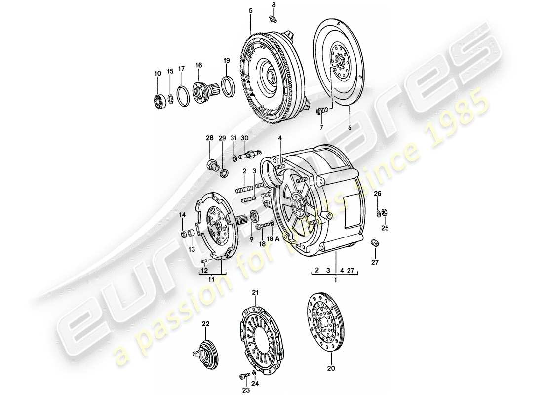 porsche 1983 (911) convertitore di coppia - alloggiamento del convertitore - schema delle parti spm