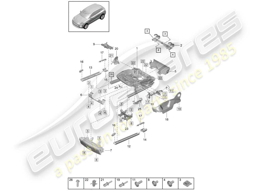 porsche 2019 (macan) telaio per sedile diagramma delle parti