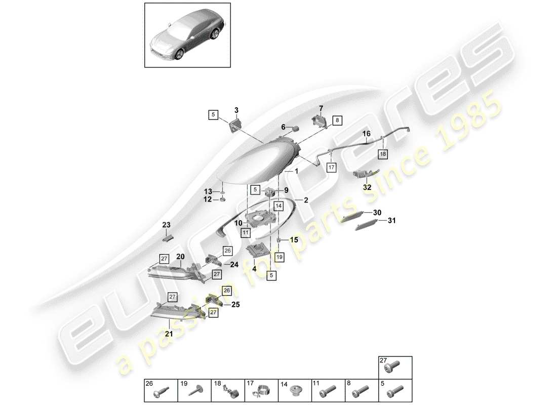 porsche panamera 971 (2019) diagramma delle parti del faro a led