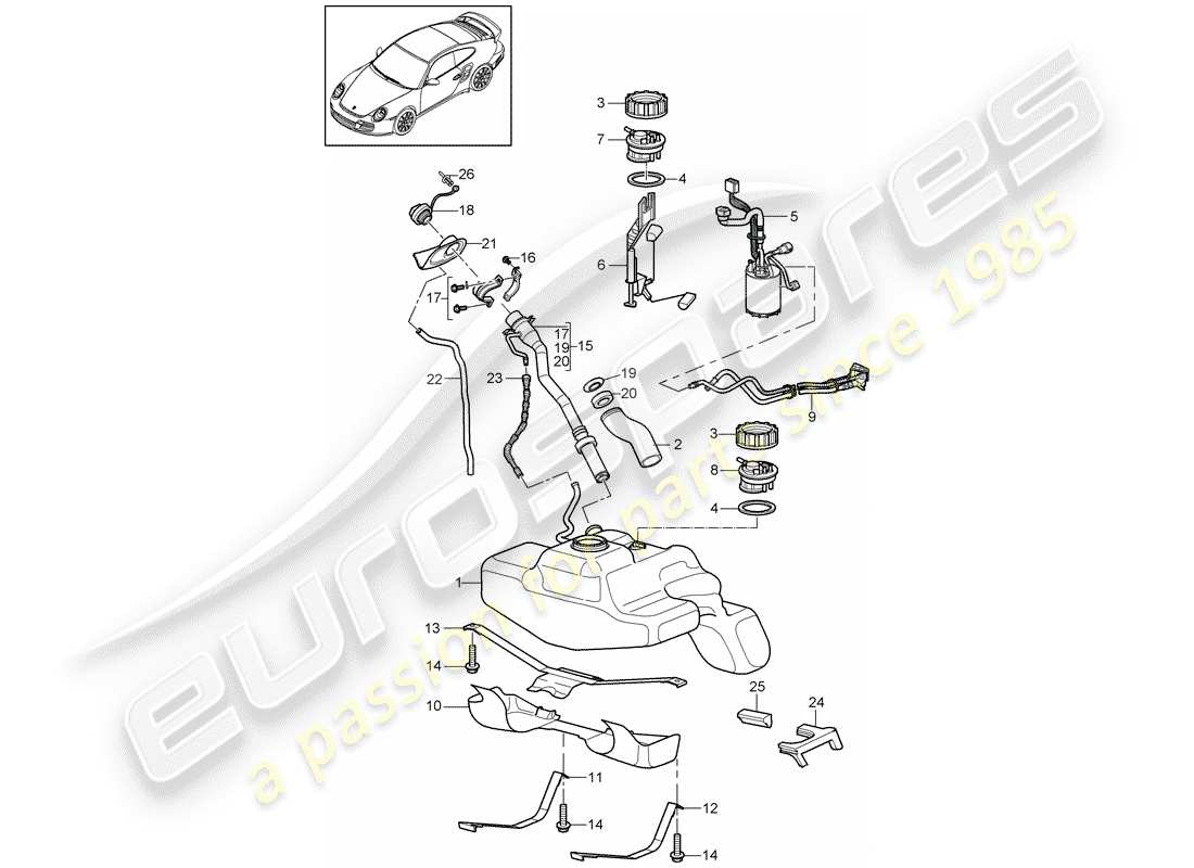 porsche 2013 (997-2 turbo / gt2 rs) diagramma delle parti del serbatoio del carburante