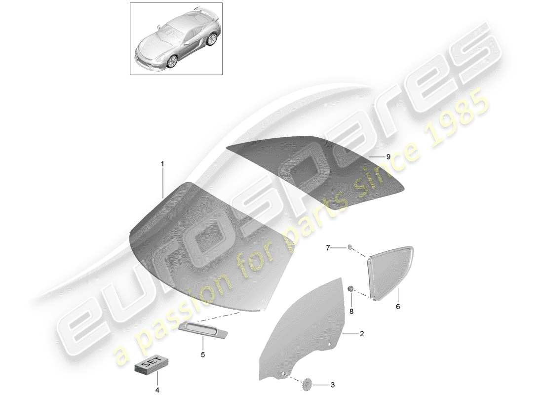 porsche 2016 (981 cayman gt4) vetri della finestra schema delle parti