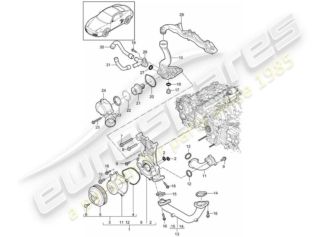 porsche 2011 (987 cayman) schema delle parti della pompa dell'acqua