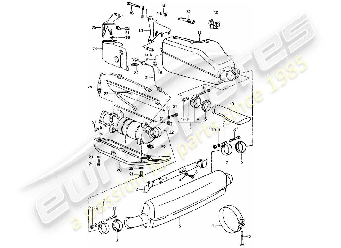 porsche 1990 (964) sistema di scarico - marmitta - scarico - catalizzatore schema delle parti