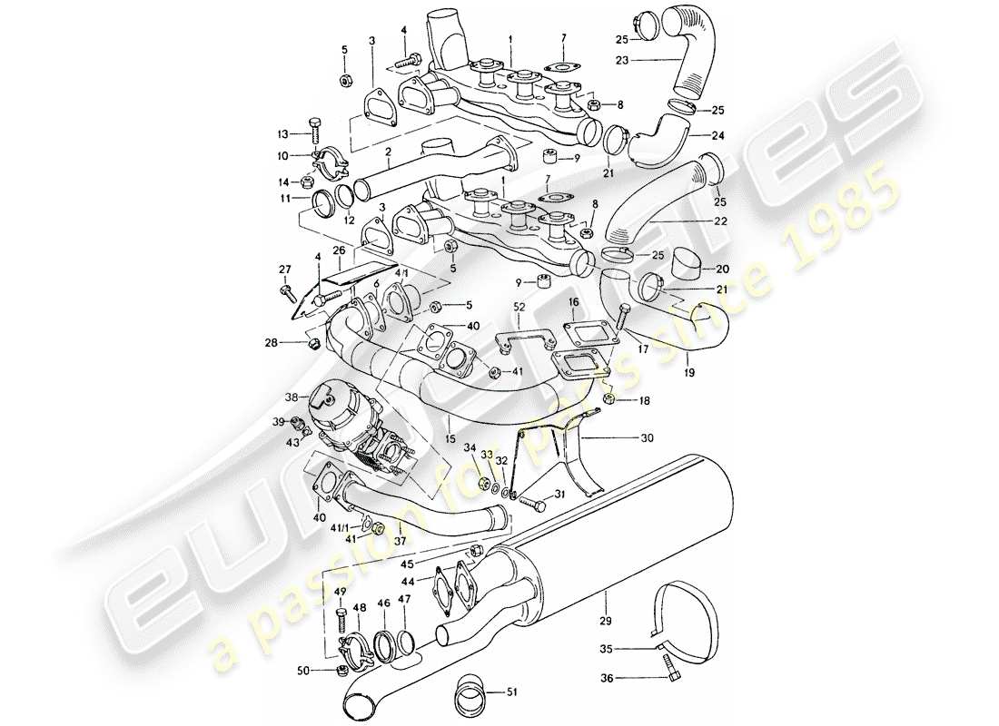 porsche 1976 (911 turbo) impianto di scarico diagramma delle parti