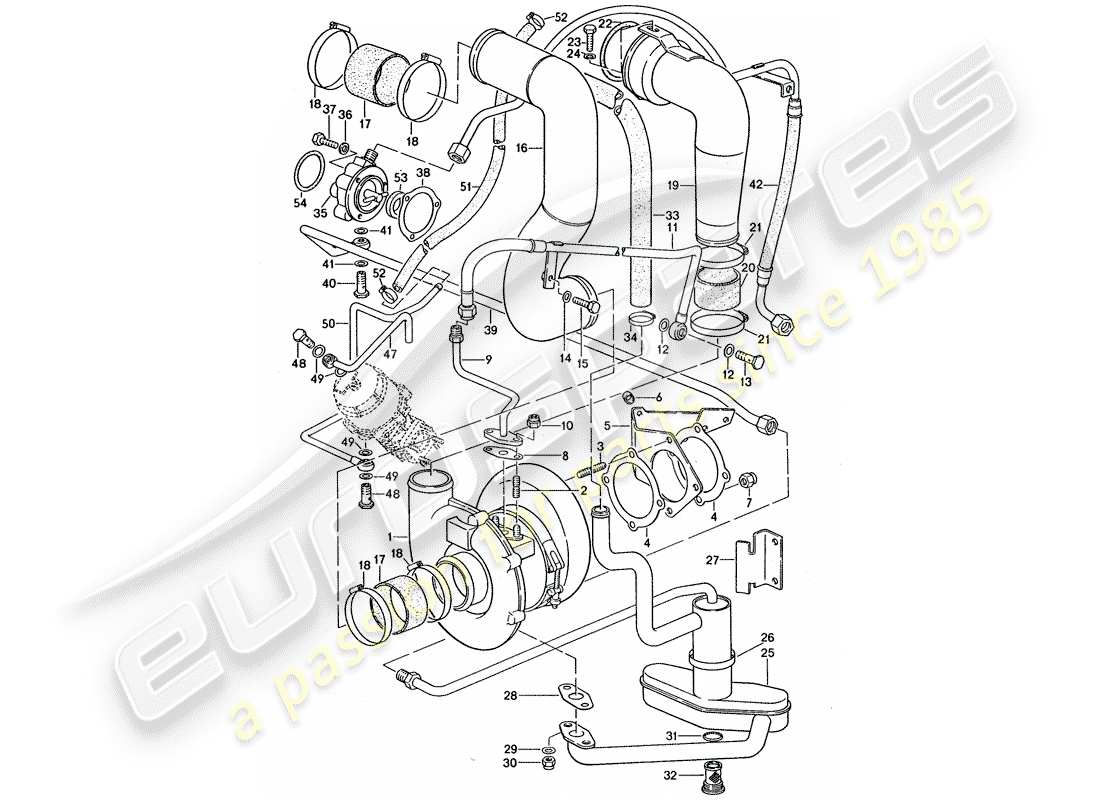 porsche 1976 (911 turbo) turbocompressore gas di scarico e valvola bypass schema delle parti
