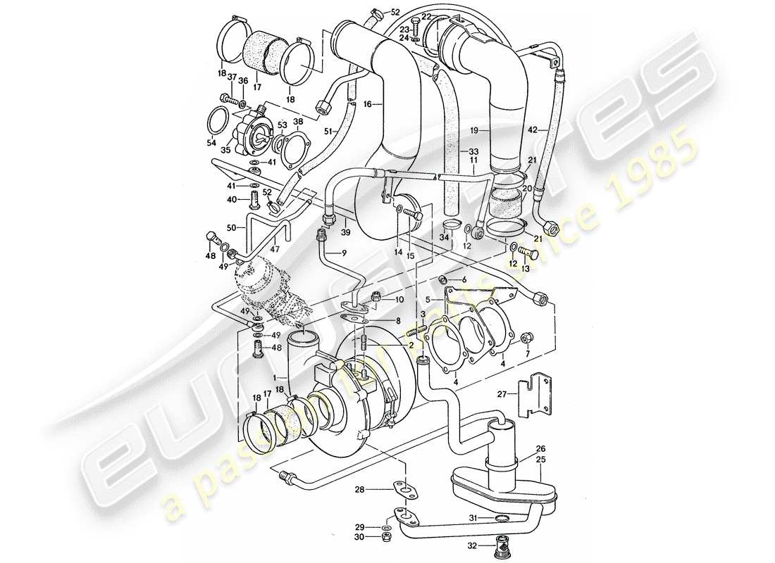porsche 911 turbo (1976) turbocompressore gas di scarico e valvola bypass diagramma delle parti