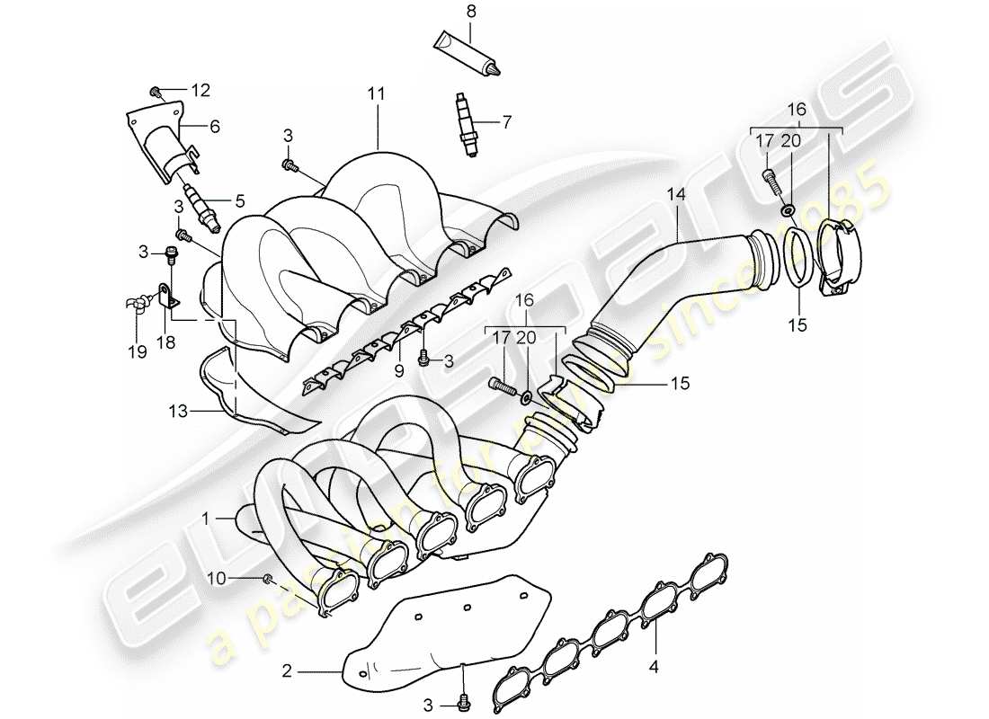 porsche 2004 (carrera gt) sistema di scarico - collettore di scarico - catalizzatore - cil. 1 - 5 diagramma delle parti