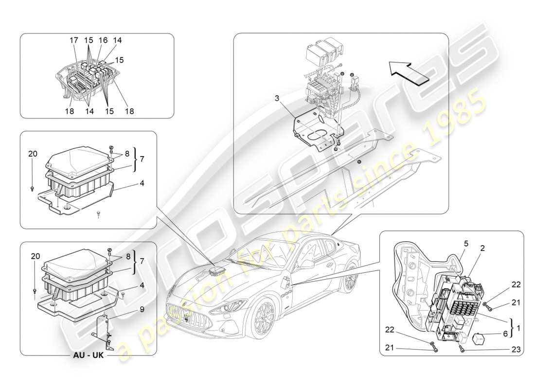 maserati granturismo s (2019) schema delle parti di relè, fusibili e scatole
