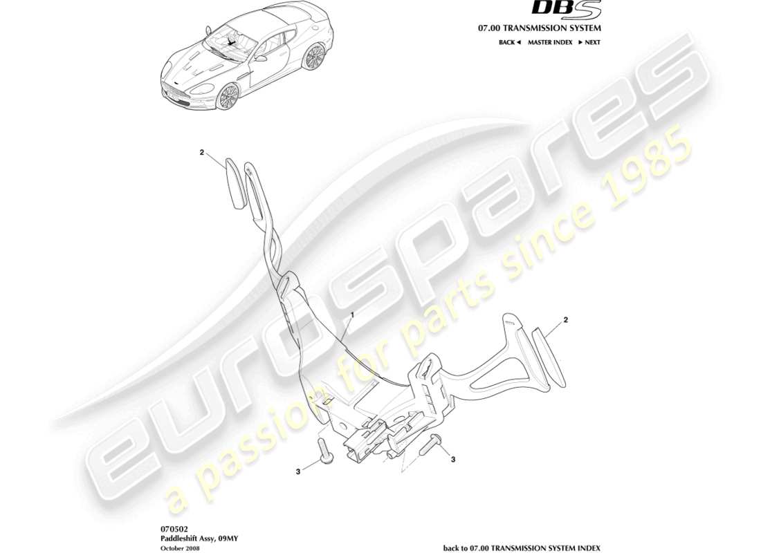 aston martin dbs (2013) diagramma delle parti del cambio al volante