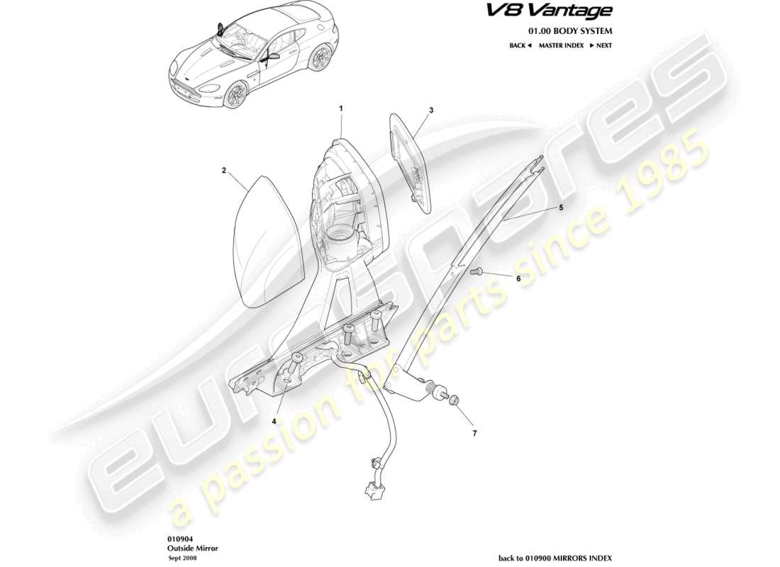 aston martin v8 vantage (2006) schema delle parti degli specchietti retrovisori esterni