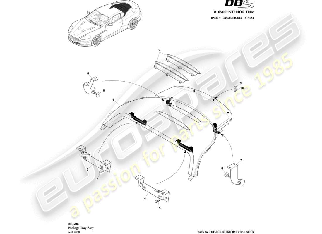 aston martin dbs (2010) gruppo vassoio portapacchi diagramma delle parti