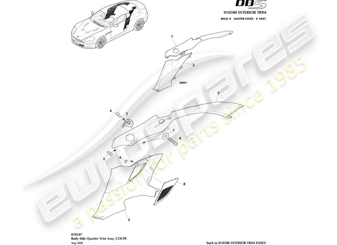 aston martin dbs (2010) karosserie-seitenverkleidung, coupé teilediagramm