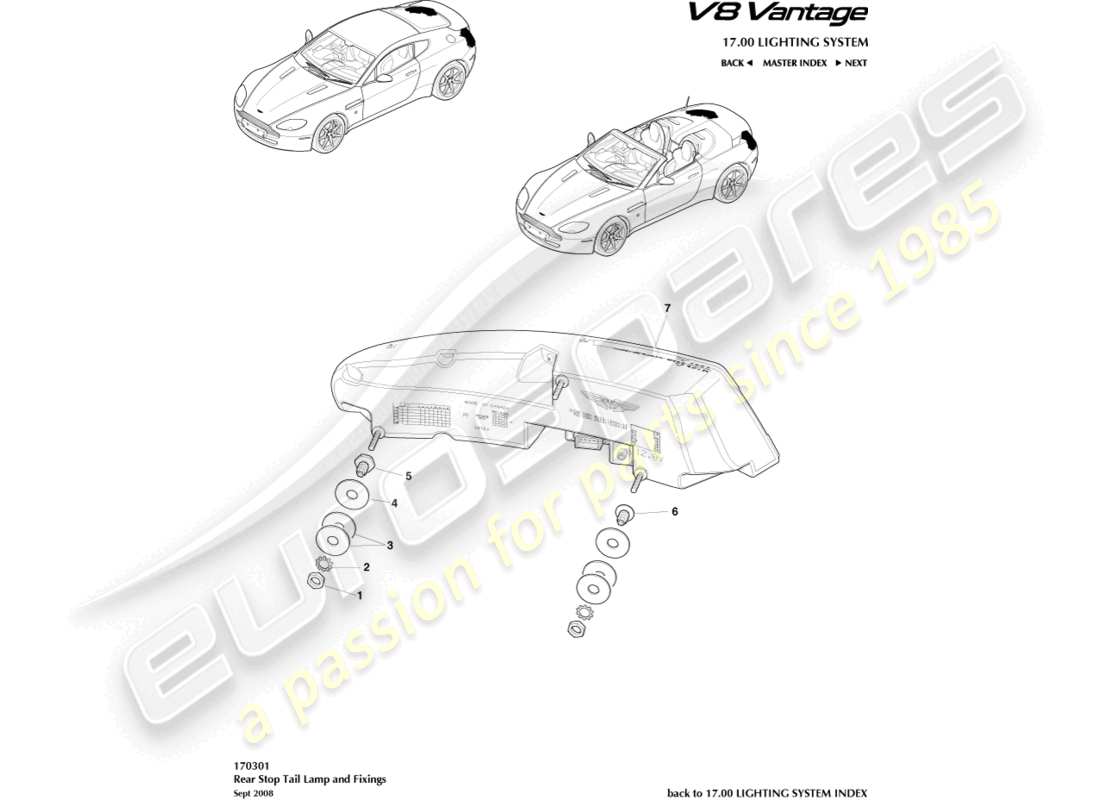 aston martin v8 vantage (2009) diagramma delle parti delle luci posteriori