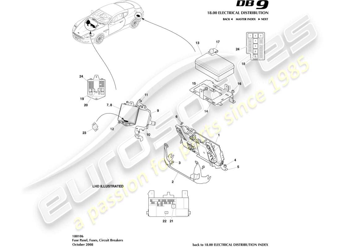 aston martin db9 (2007) diagramma delle parti dei pannelli fusibili