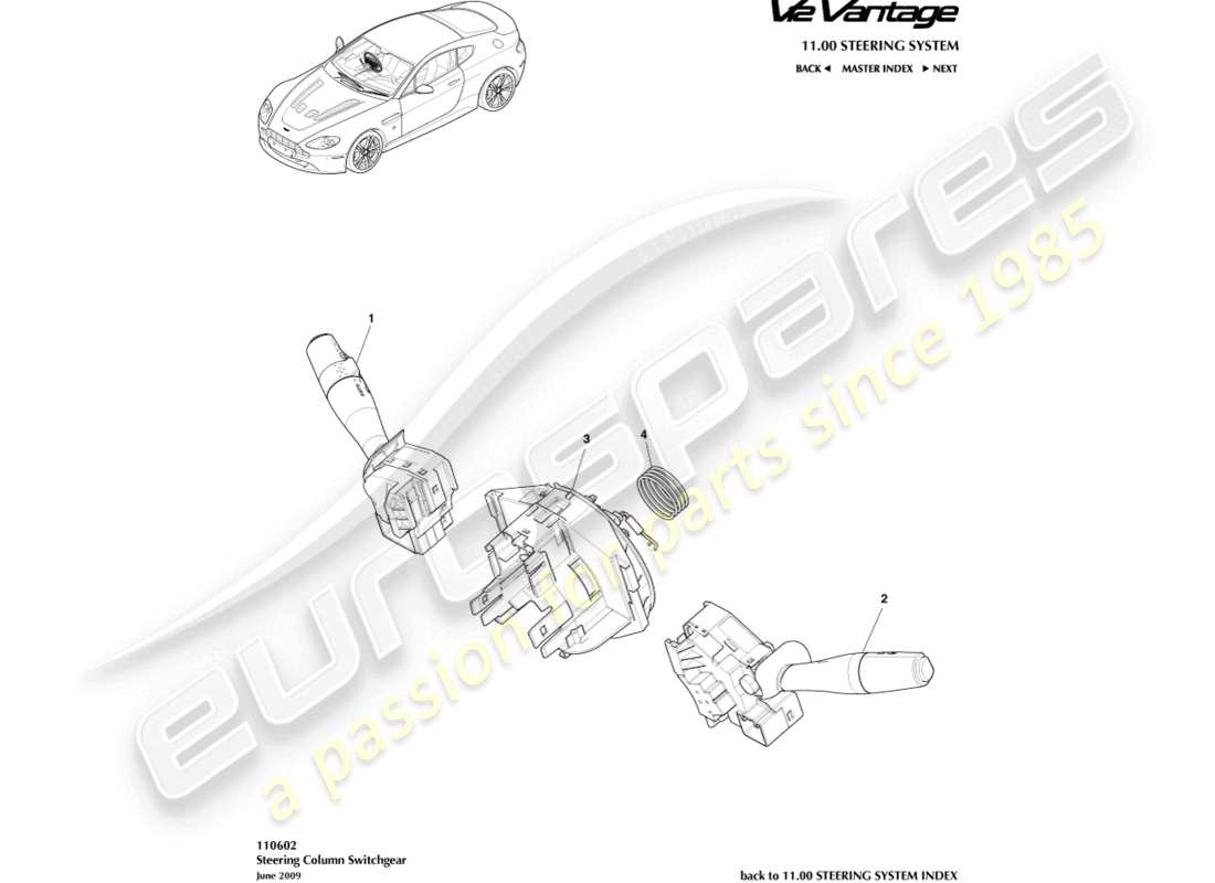 aston martin v12 vantage (2011) interruttore piantone dello sterzo schema delle parti