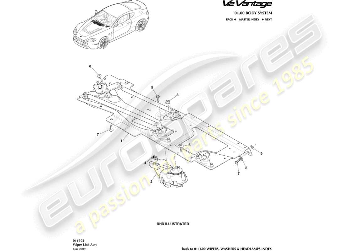 aston martin v12 vantage (2010) diagramma delle parti del gruppo di collegamento del tergicristallo