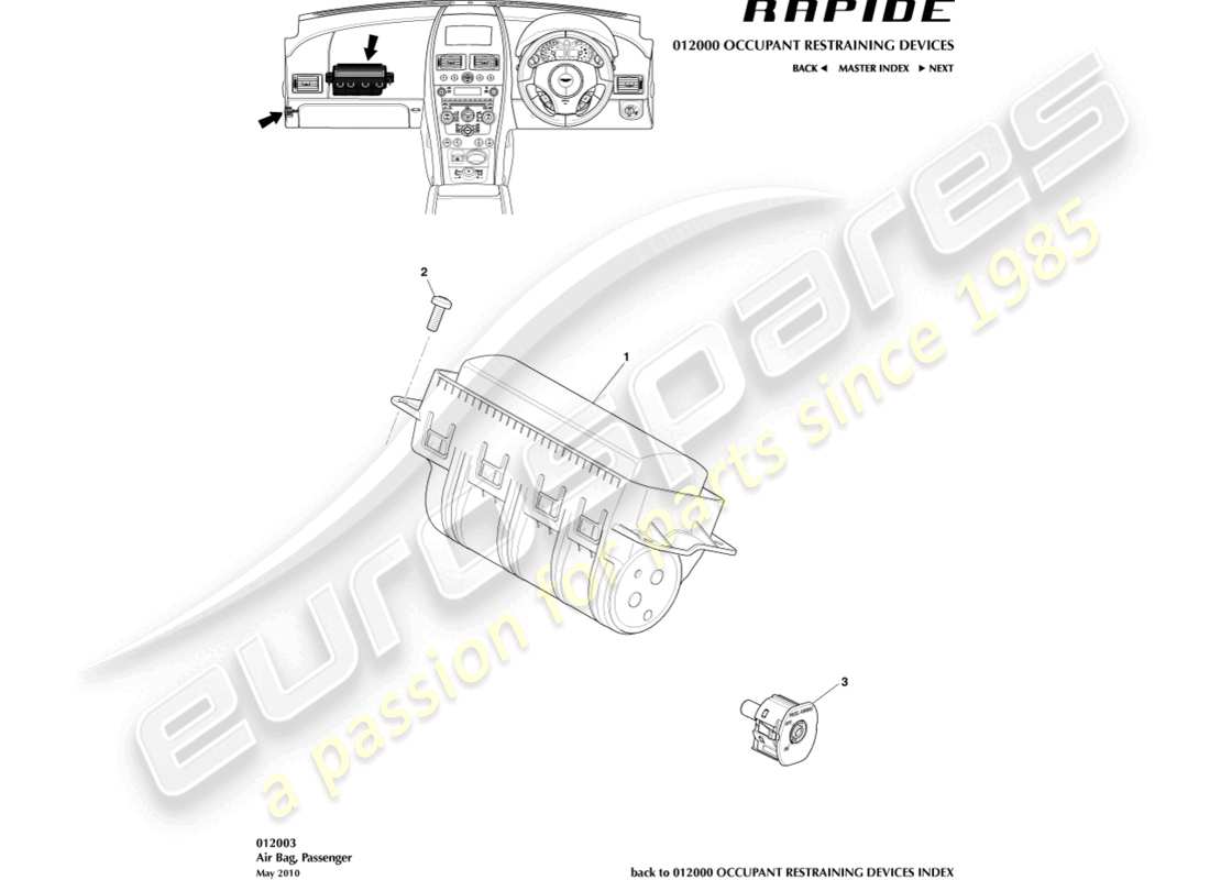 aston martin rapide (2012) airbag, schema delle parti del passeggero