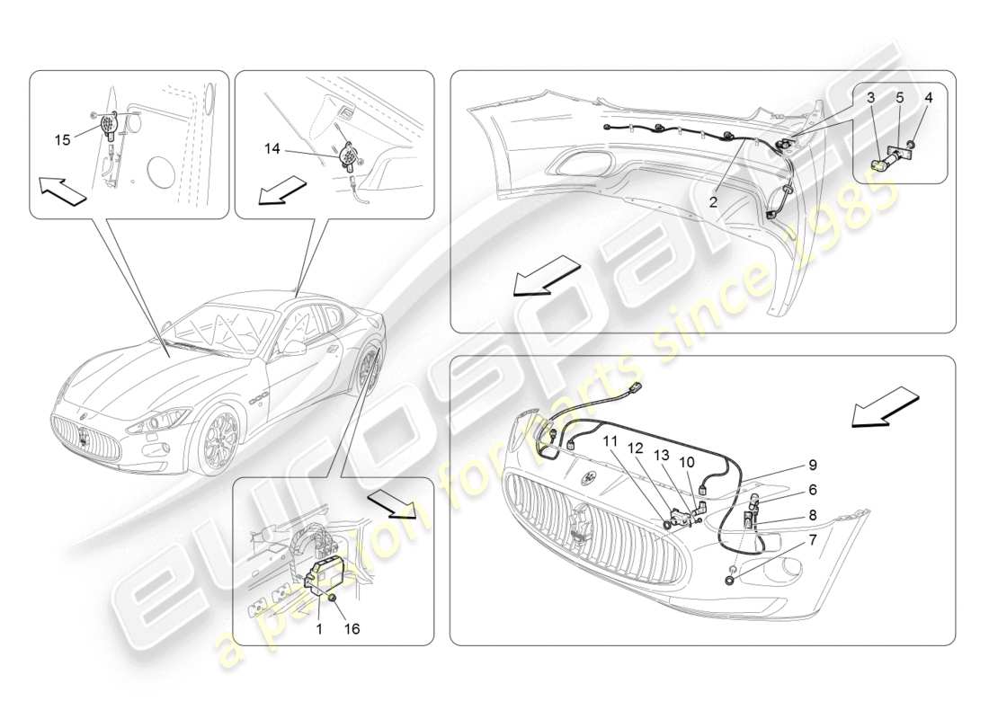 maserati granturismo (2008) diagramma delle parti dei sensori di parcheggio