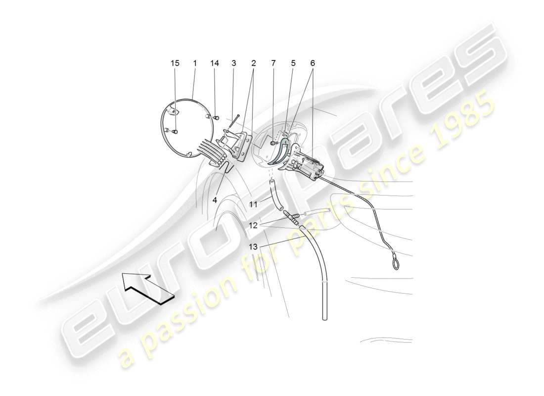 maserati granturismo (2008) schema delle parti dello sportello del serbatoio del carburante e dei controlli