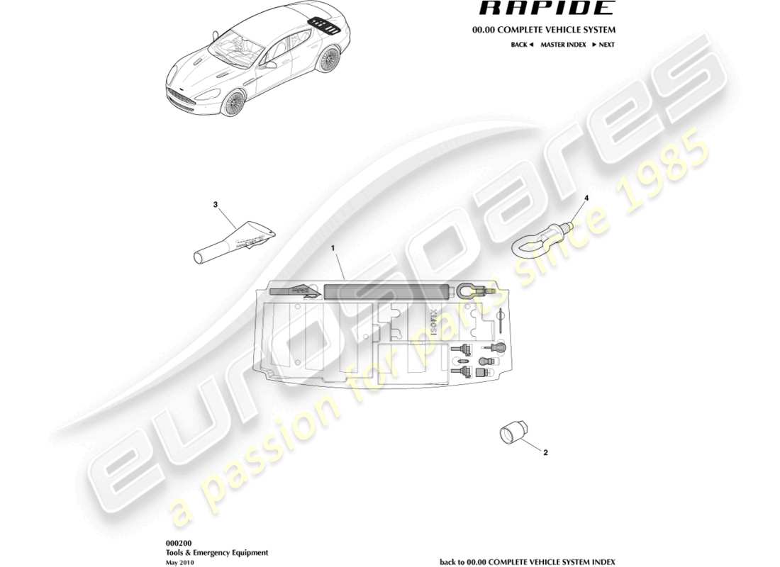 aston martin rapide (2012) diagramma delle parti di strumenti e attrezzature di emergenza