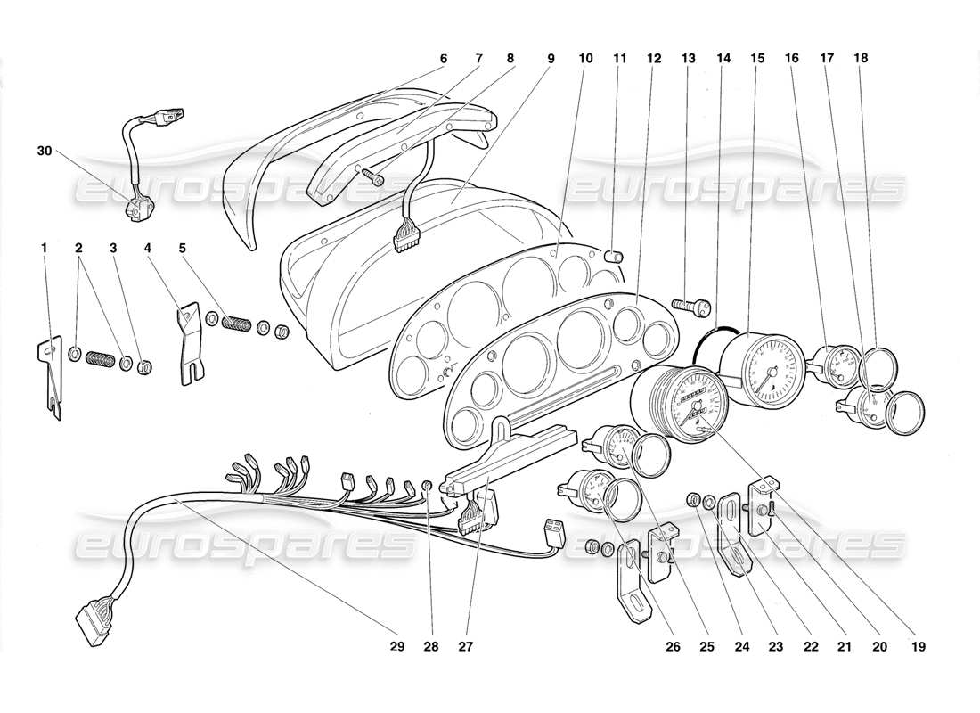 lamborghini diablo roadster (1998) diagramma delle parti degli strumenti del cruscotto