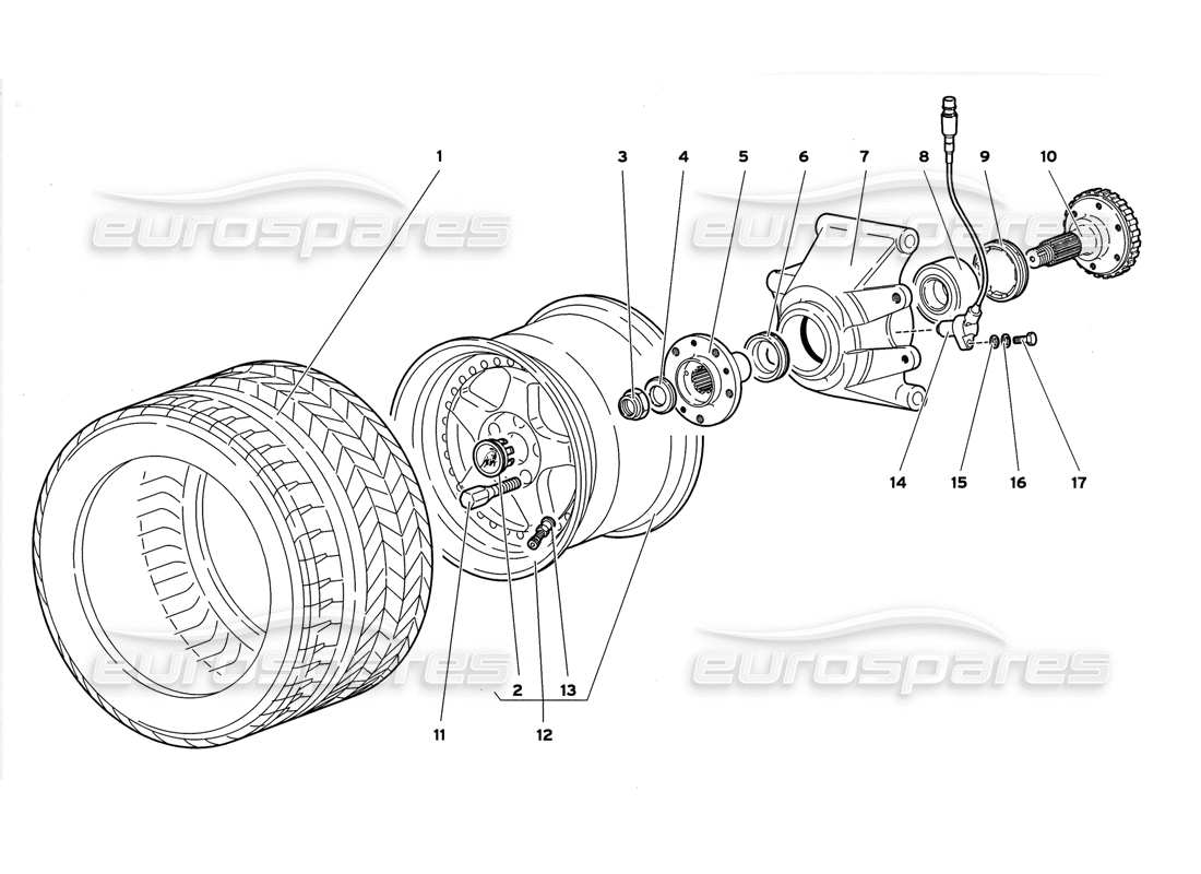 lamborghini diablo gt (1999) schema delle parti della ruota posteriore e del supporto del mozzo