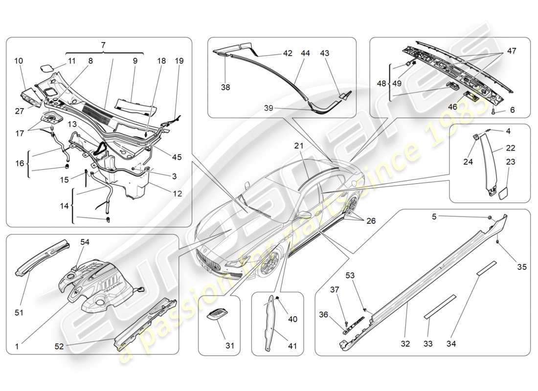 maserati qtp 3.0 bt v6 410hp (2014) schema delle parti di scudi, finiture e pannelli di copertura