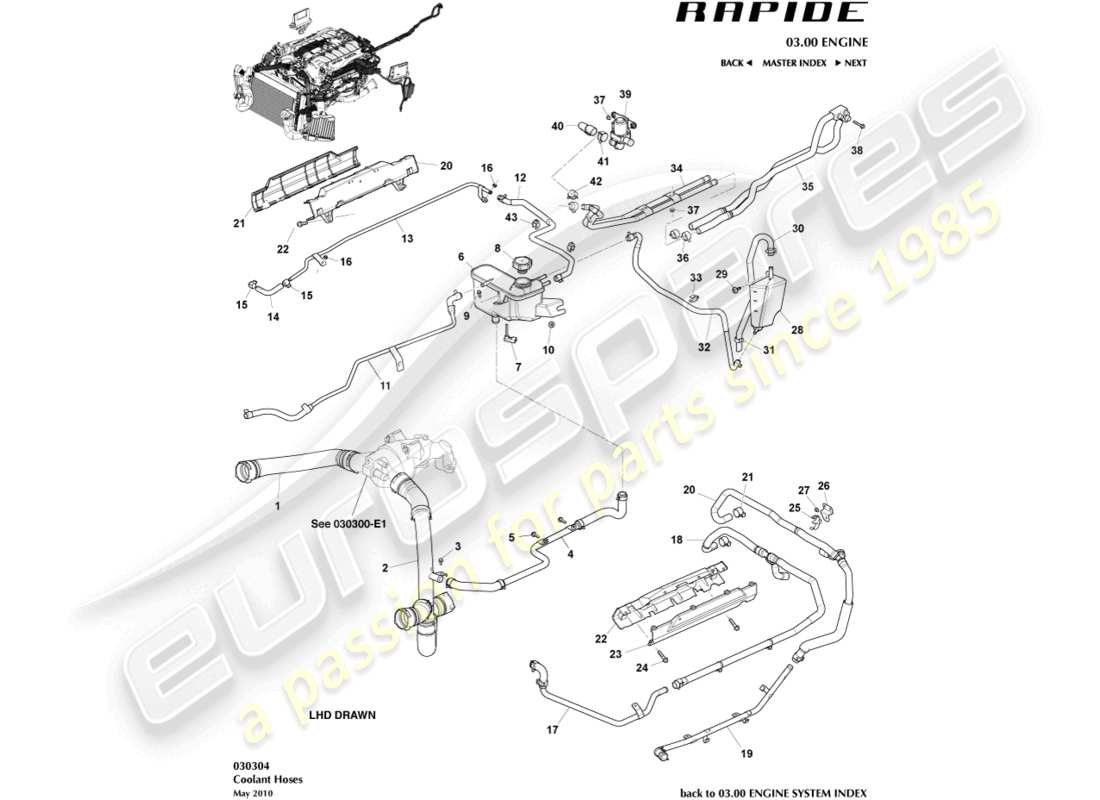 aston martin rapide (2019) diagramma delle parti del serbatoio del liquido di raffreddamento e dei tubi flessibili