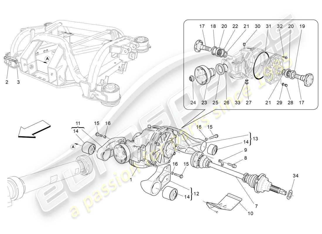 maserati granturismo (2011) diagramma delle parti del differenziale e dei semiassi posteriori