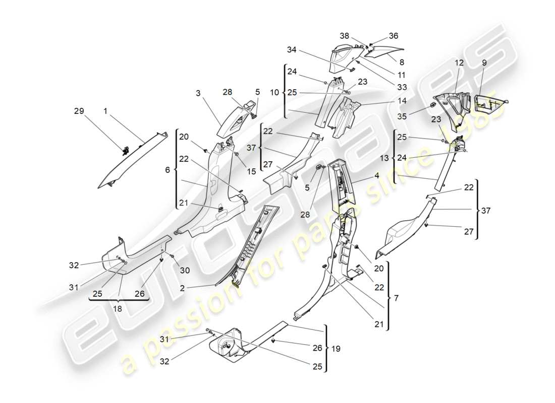 maserati qtp 3.0 bt v6 410hp (2014) schema delle parti dei pannelli di rivestimento del montante b e dei pannelli laterali dell'abitacolo