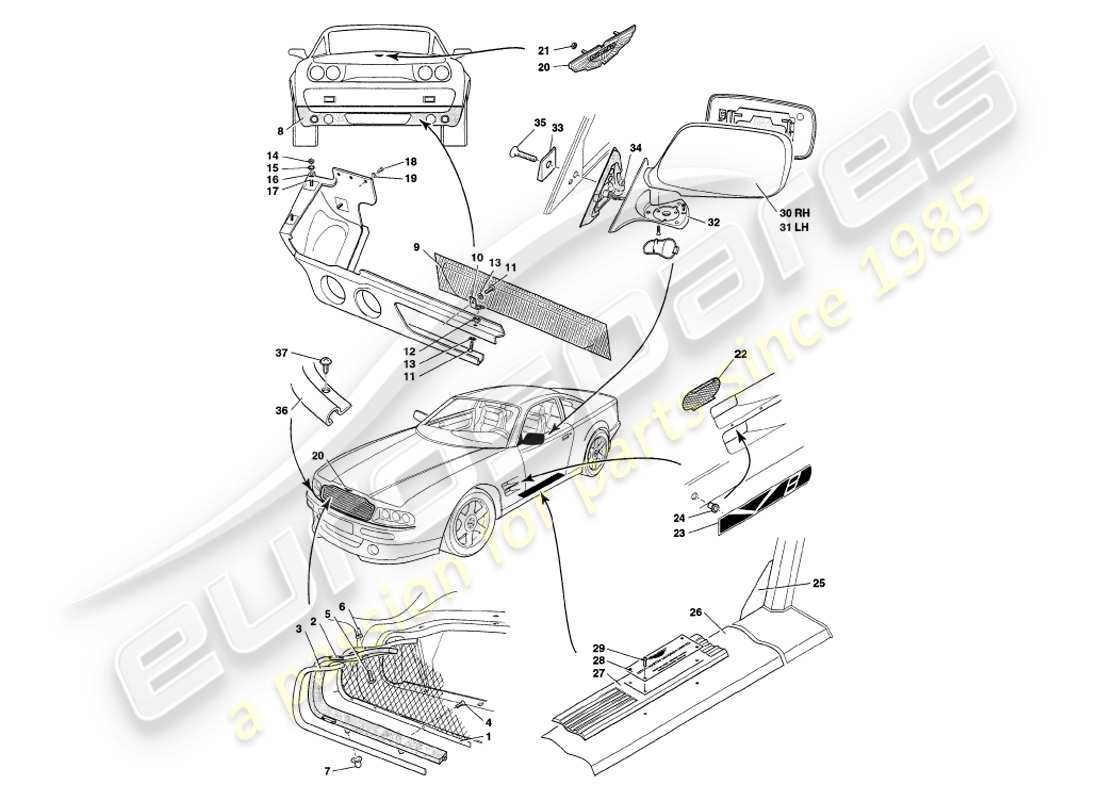 aston martin v8 coupe (1999) diagramma delle parti dei raccordi del corpo