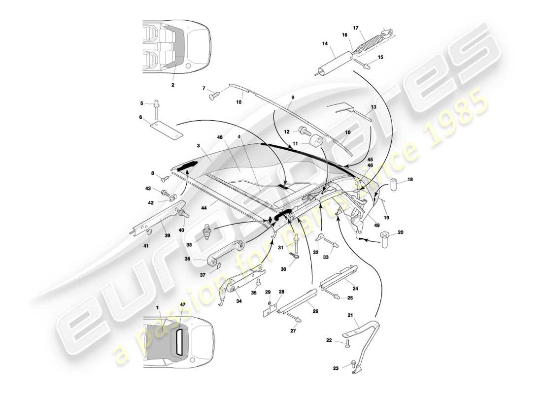 aston martin db7 vantage (2004) schema delle parti del tetto volante e del rivestimento superiore
