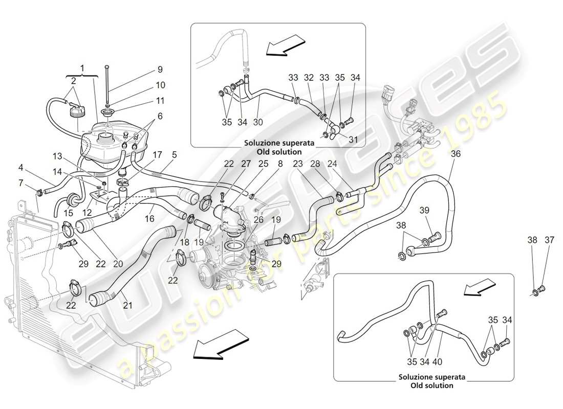 maserati granturismo (2009) sistema di raffreddamento: diagramma delle parti di nourice e linee