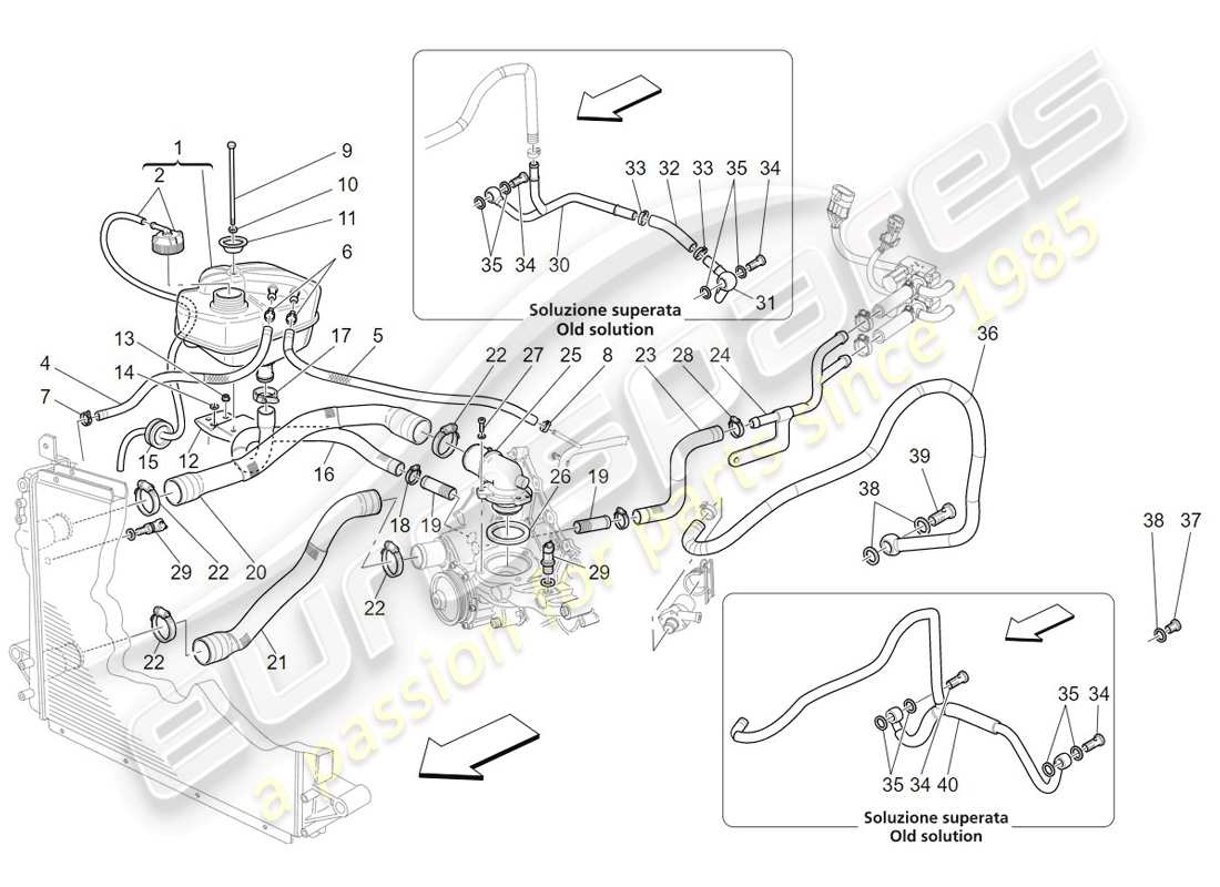 maserati granturismo (2009) sistema di raffreddamento: alimentazione e linee diagramma delle parti