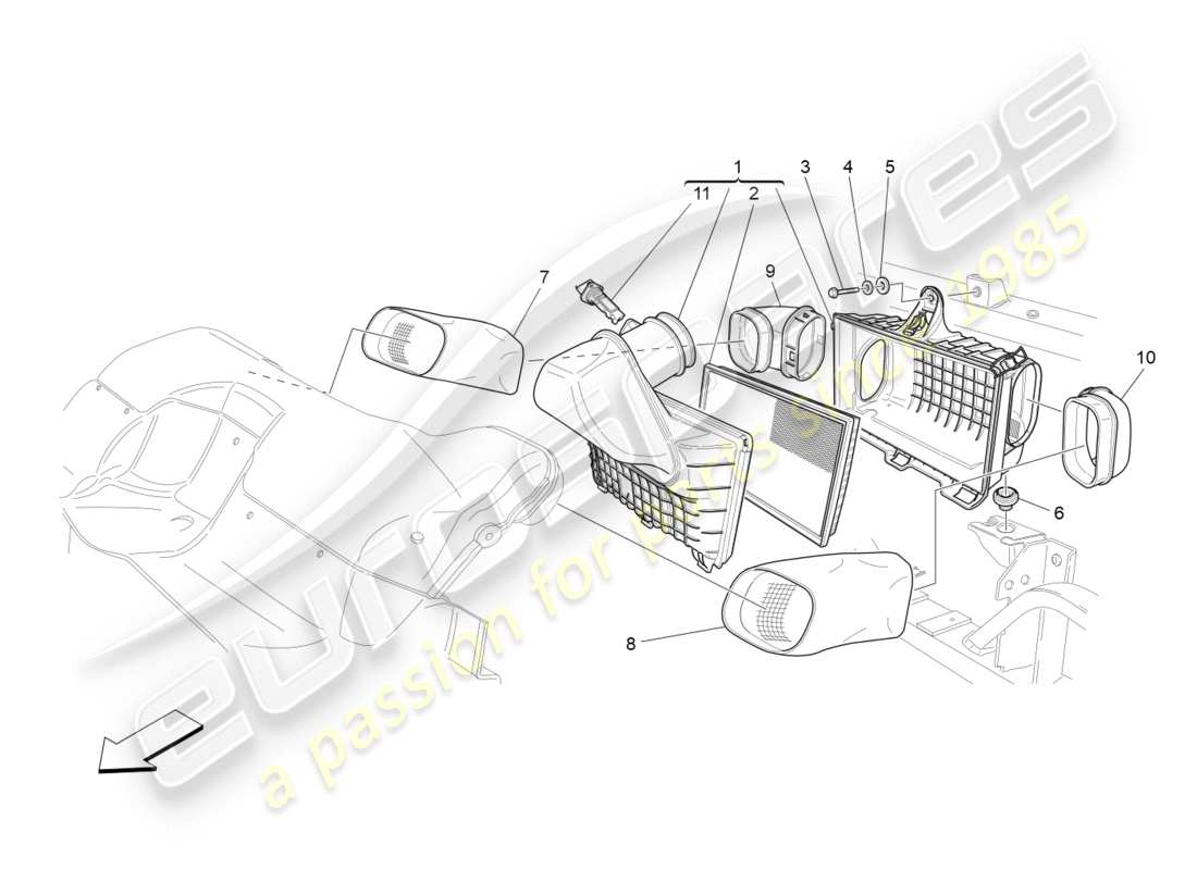 maserati granturismo (2011) diagramma delle parti del filtro dell'aria, della presa d'aria e dei condotti