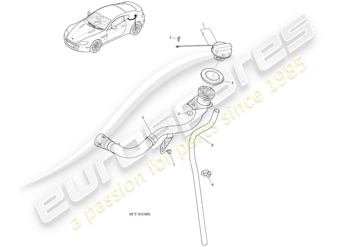 aston martin v8 vantage (2007) diagramma delle parti del tappo del bocchettone di rifornimento del carburante e del tubo