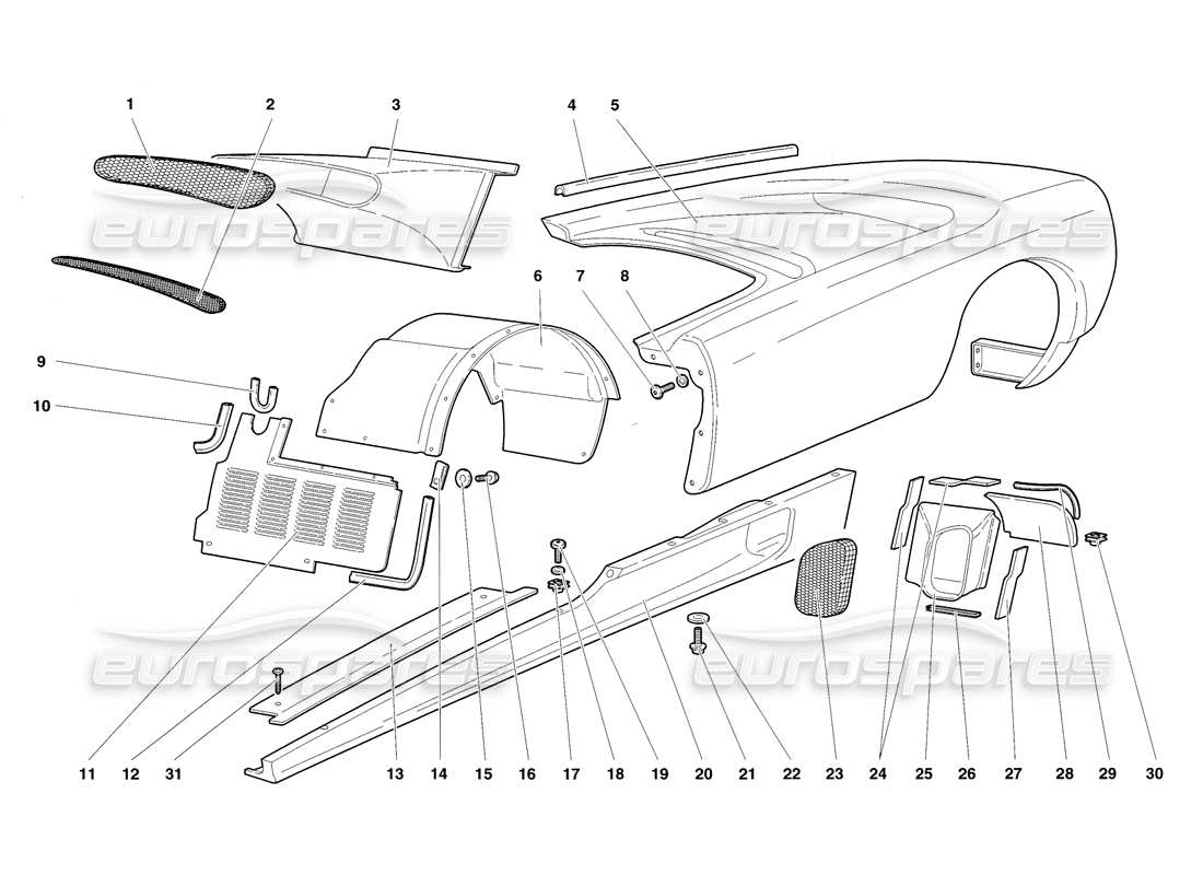 lamborghini diablo sv (1998) elementi del corpo: fianco sinistro diagramma delle parti