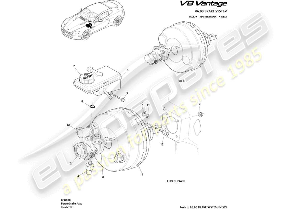 aston martin v8 vantage (2012) diagramma delle parti del gruppo freno di potenza