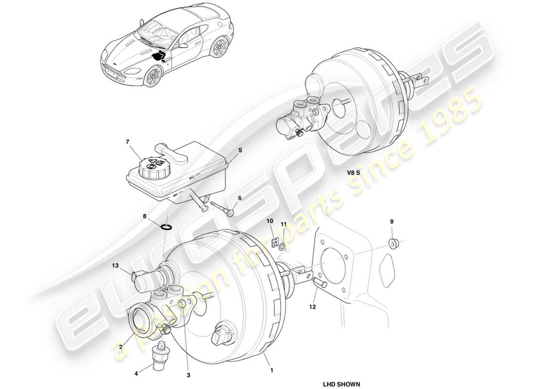 aston martin v8 vantage (2005) diagramma delle parti del gruppo freno di potenza