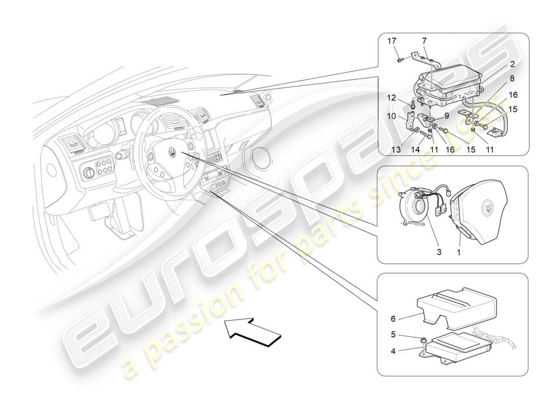 maserati granturismo (2009) sistema airbag frontale diagramma delle parti