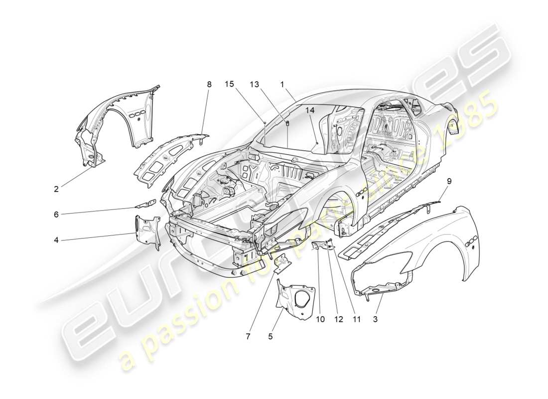 maserati granturismo (2009) carrozzeria e pannelli di rivestimento esterni anteriori diagramma delle parti