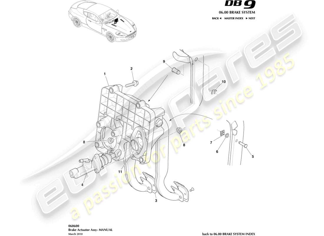 aston martin db9 (2007) gruppo attuatore freno, manuale diagramma delle parti