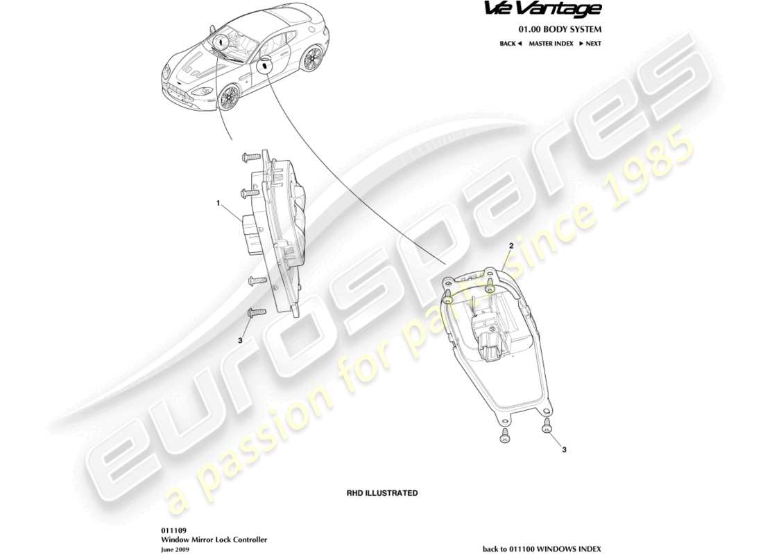 aston martin v12 vantage (2010) diagramma delle parti del controller di blocco finestra/specchio