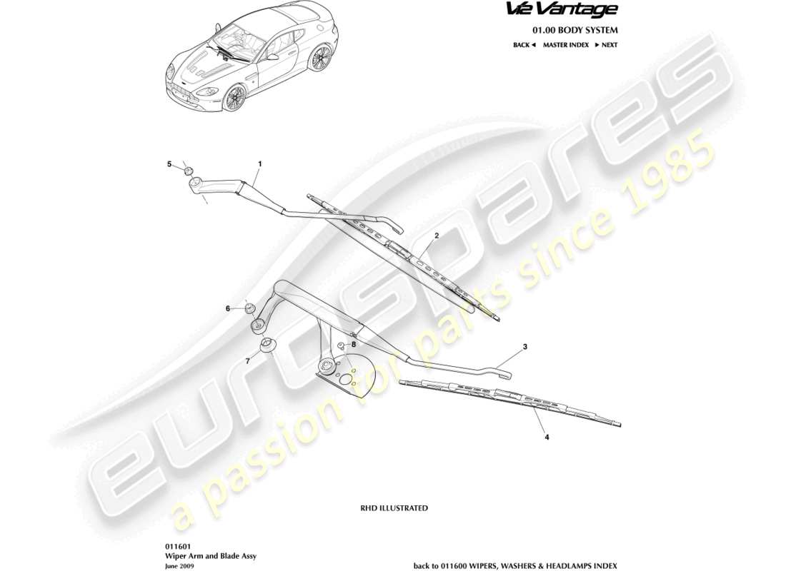 aston martin v12 vantage (2010) schema delle parti del gruppo spazzola tergicristallo