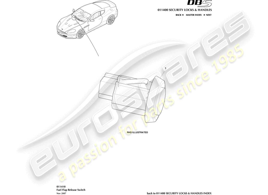 aston martin dbs (2007) interruttore di rilascio del bocchettone di rifornimento del carburante diagramma delle parti