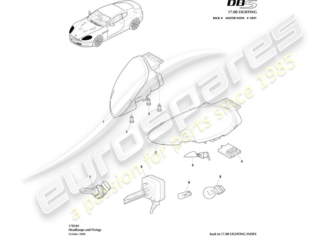 aston martin dbs (2007) scheinwerfer teilediagramm