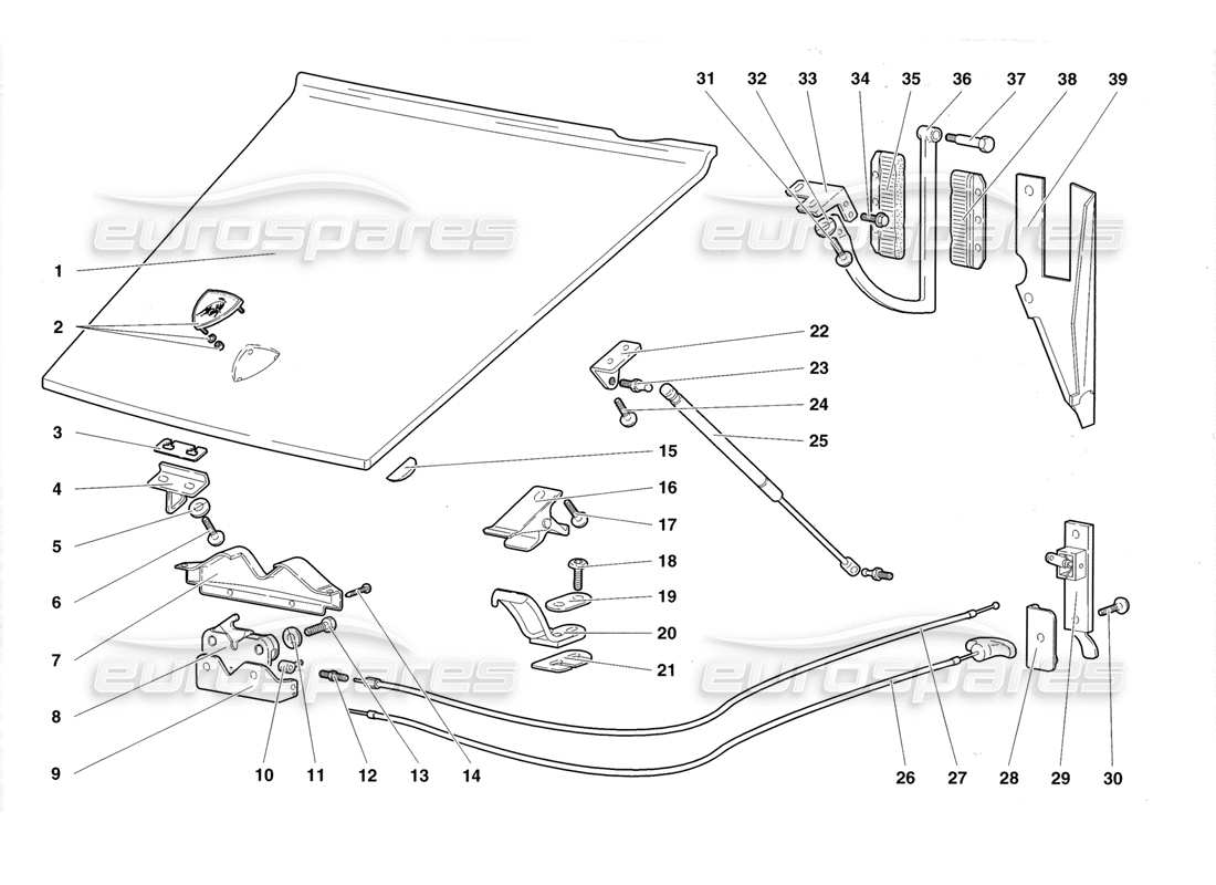 lamborghini diablo roadster (1998) diagramma delle parti del cofano anteriore