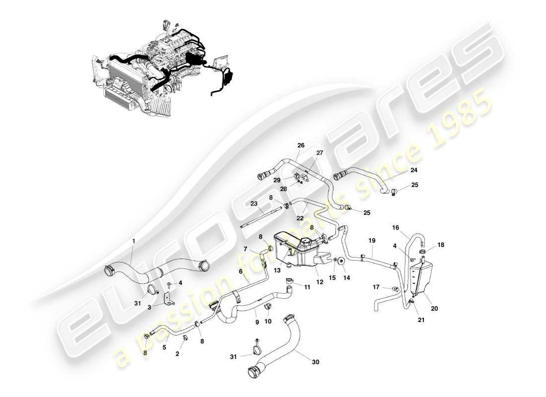 aston martin v8 vantage (2007) diagramma delle parti dei tubi del liquido di raffreddamento e del serbatoio