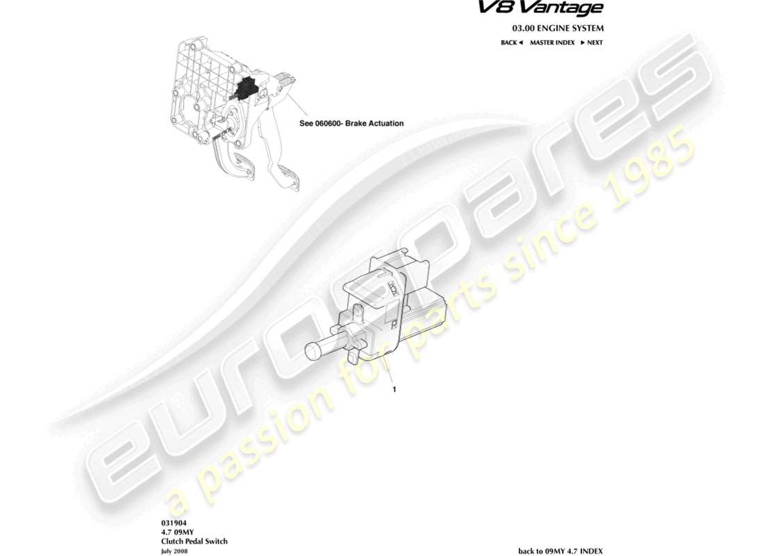 aston martin v8 vantage (2018) diagramma delle parti dell'interruttore del pedale della frizione